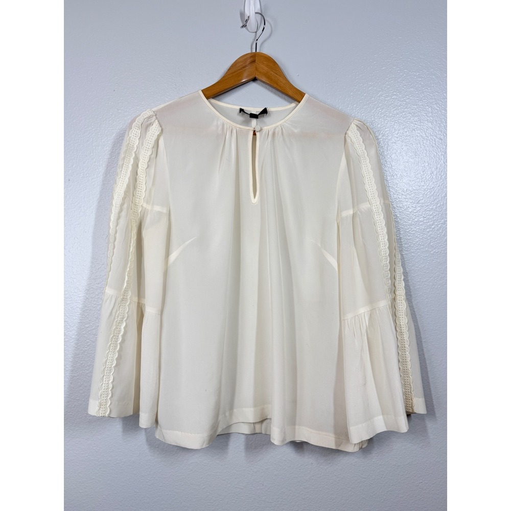 J. Crew Shirt Women's Size 6 Ivory Silk Lace Trim Bell Sleeve Feminine Classic